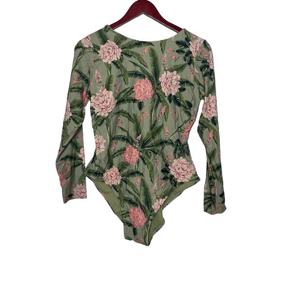 Agua Bendita Target Green Peony Floral Long Sleeve 1 Piece Swimsuit Bodysuit XL - Picture 2 of 5